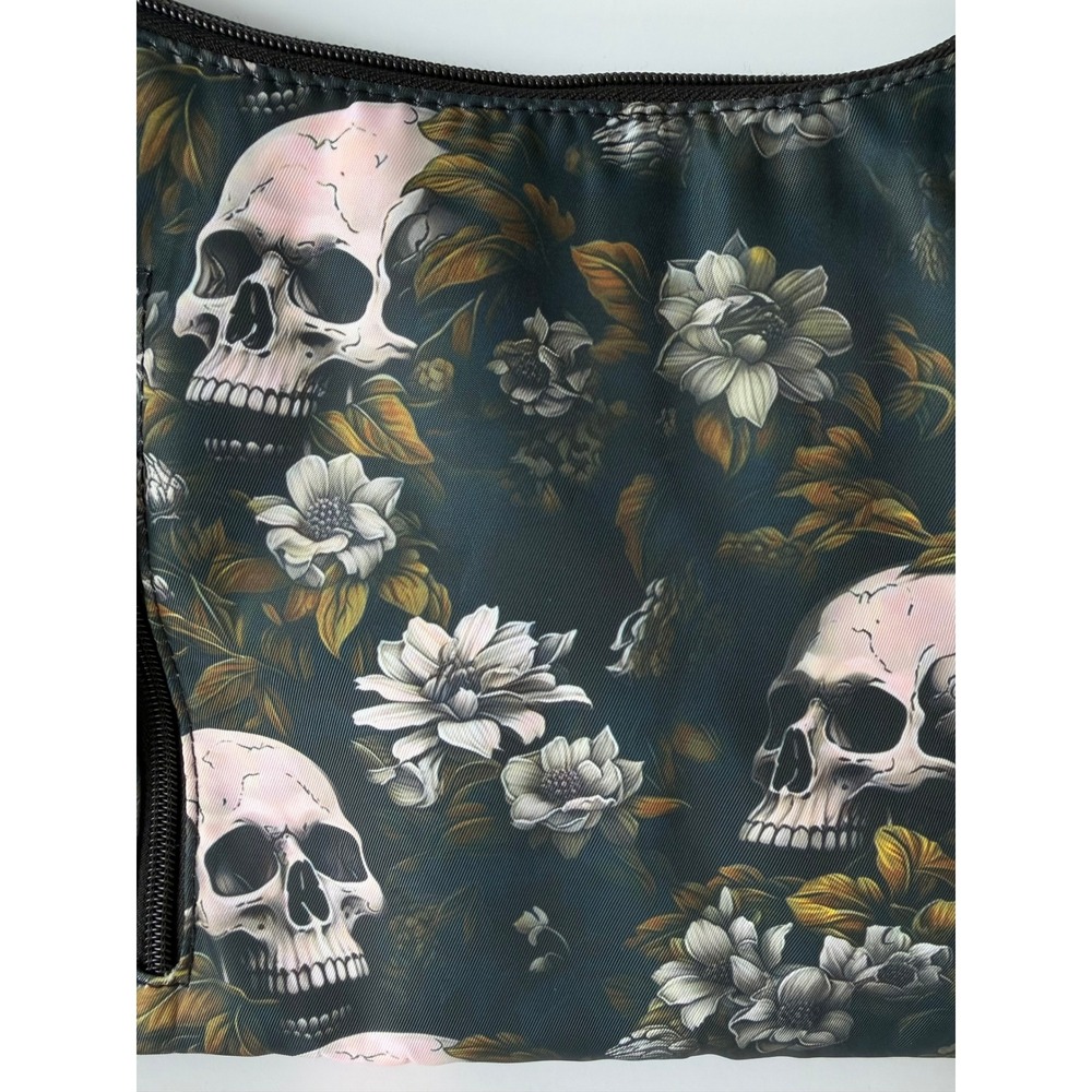 Skull Floral Print Shoulder Bag Medium Black Gothic Grunge Purse - Picture 6 of 9